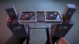 DJ Booth With Turntables, Speakers and Records music, live, electronics, speakers, equipment, audio, mixer, booth, vinyl, dj, nightclub, turntable, records, record-player, mixing, clubbing, dj9000, dj-booth, mixing-deck, mixing-desk