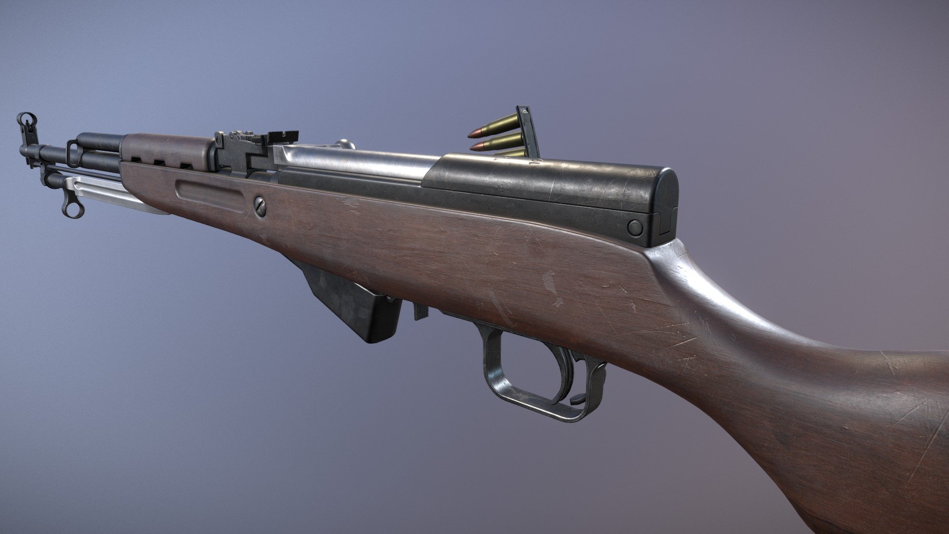 Game-ready Russian SKS Rifle

Originally modeled in 3ds Max 2018. Download includes .max, .fbx, .obj, metal/roughness PBR textures, specular/gloss PBR textures, textures for Unity and Unreal Engines, and additional texture maps such as curvature, AO, and color ID.

Model ready for animation. Movable parts include:
* bayonet
* bolt carrier
* magazine cover
* trigger
* stripper clip and cartridges

Approximate dimensions: 102cm x 5cm x 18cm

Model is triangulated, no n-gons. A quaded version is included in the download. 7.62x39mm cartridge and 10 round stripper clip included 3d model
