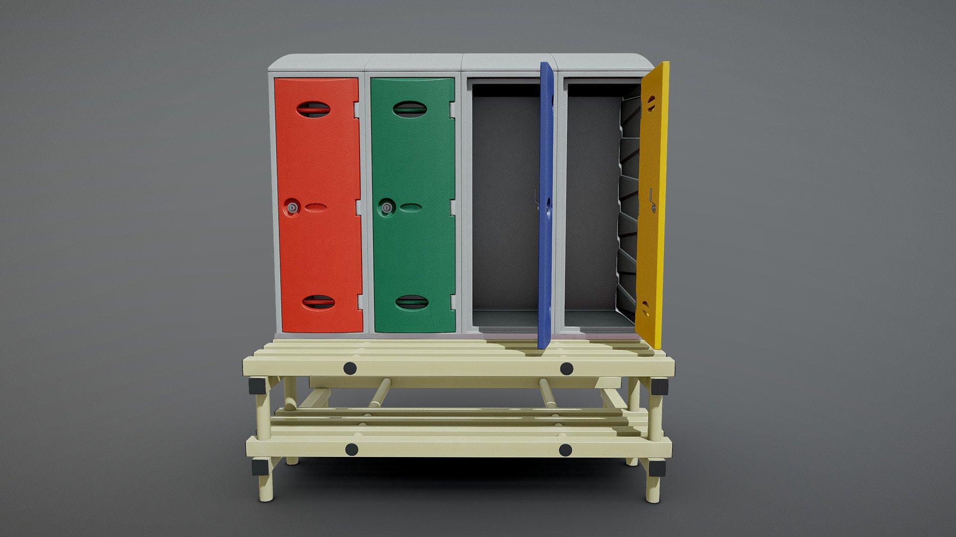 Plastic storage lockers on a bench. 4K PBR textures 3d model
