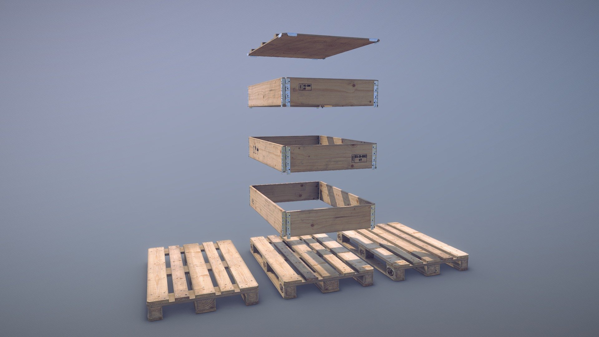 Cargo Wood Pallets Collars Cover EUR EPAL vr.1




LOD0 - (triangles 1718) / (points 1144)

LOD1 - (triangles 656) / (points 553)

LOD2 - (triangles 136) / (points 192)

Low-poly 3D model Cargo Wood Pallets Collars Cover EUR EPAL with LODs 
(three variations for Pallets) +  (three variations for Pallet Collars) + (Cover)  (size 1200mm - 800mm - 145mm)




Textures for PBR-Specular and PBR-Metallic shader (Albedo, Specular, Gloss, Roughness, Metallic, AmbietOcclusion, NormalMap) they may be used with Unity3D, Unreal Engine. size 4096x4096

Contains 3 LODs

Objects have adequate names and spaced pivots

See model on the Sketchfab fullscreen mode and HD quality

All pictures (previews) REALTIME rendering 

If you have questions about my models or need any kind of help, feel free to contact me and i'll do my best to help you 3d model