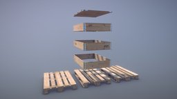 Cargo Wood Pallets Collars Cover EUR EPAL vr.1 pallet, wooden, airplane, exterior, transport, airport, tray, shipping, goods, eur, epal, aircraft, cargo, box, terminal, tivsol, collars, low-poly, pbr, building