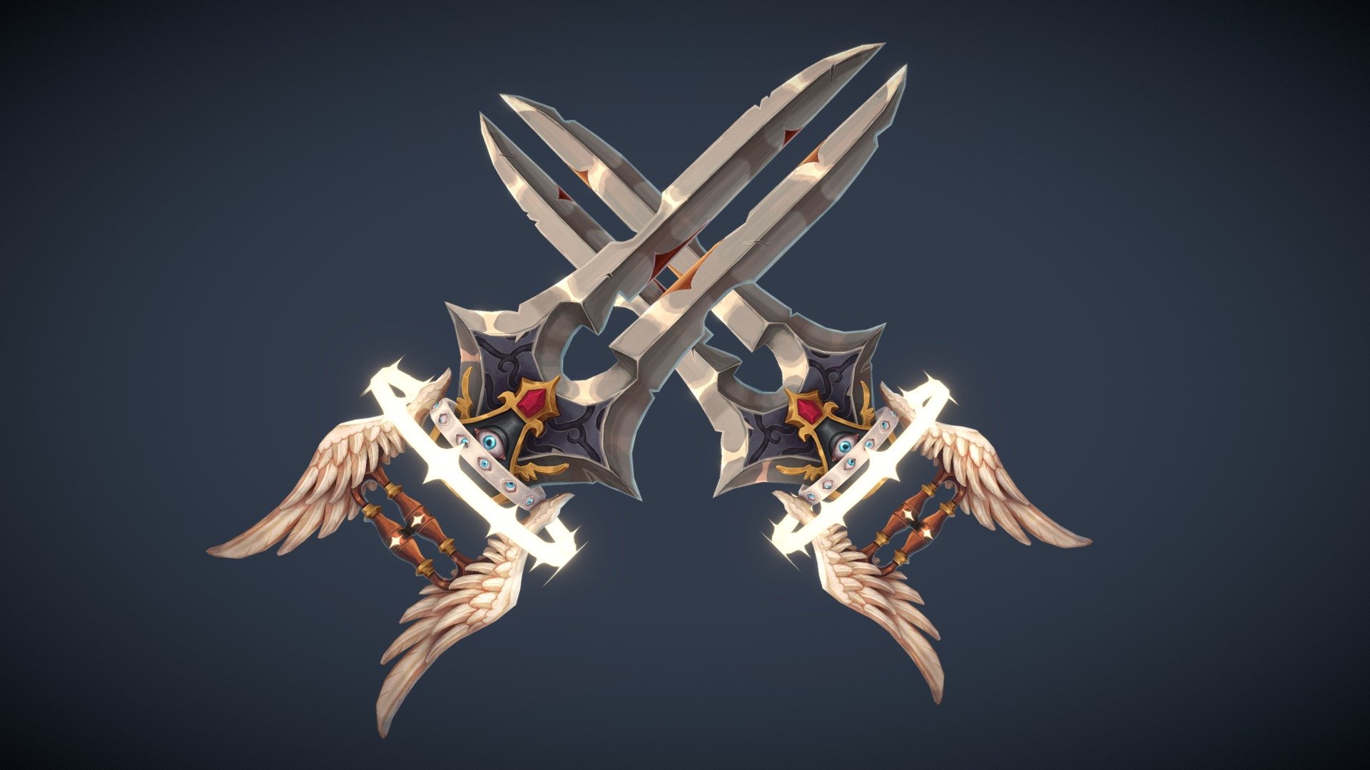 Final 3D model of an ongoing project for Isart Digital 2023-2024 ; which consists of creating a fantasy weapon from scratch from 2D concept art to 3D modeling and UI. This is a set of katars with an inspiration of seraphim &amp; thrones, with a lot of noticeable features such as wings, multiple eyes and a halo.
Also first time using Substance 3D Painter for the textures and only doing handpainting with base color, emissive, opacity and ambient occlusion!

Infos : 3D Model made in Maya 2023 and textures painted on Substance Painter 2023




Weapon :


Tris : 7466 | Textures Map Size : 2048x2048 | Texel Ratio : 41.2


 - [Student Work] "Final Judgment" - Angelic Katar - 3D model by VU Thanh-Tu (@syciwi) 3d model
