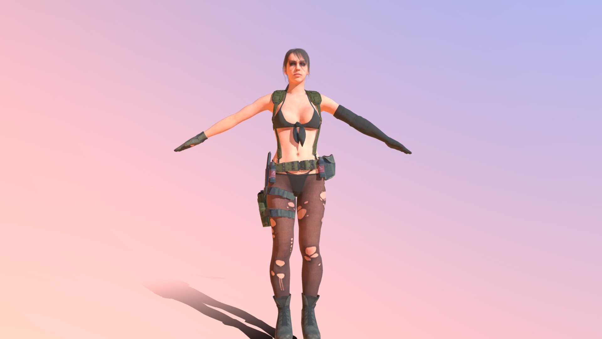 Quiet is a character from the video game series “Metal Gear Solid”. She is a skilled sniper and a member of the Diamond Dogs mercenary group. Quiet is known for her unique abilities, including the ability to become invisible and to move at high speeds. She is also known for her silence, as she does not speak throughout most of the game 3d model