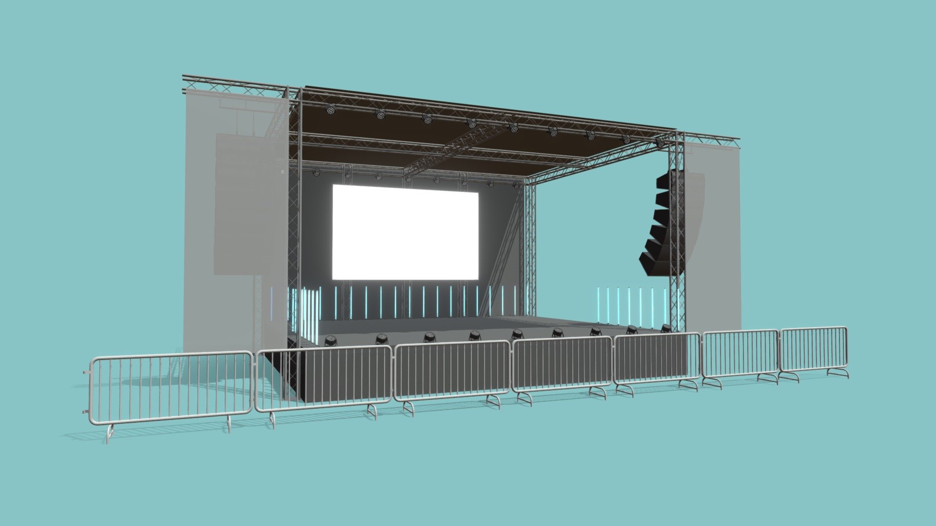 Concert Stage 3

Measurements:


Platform is: L: 9m, W: 8m, H: 1m
Inner height: 4.7m
Total height from bottom to top: 6m

IMPORTANT NOTES:


This model does not have textures or materials, but it has separate generic materials, it is also separated into parts, so you can easily assign your own materials.

If you have any doubts or questions about this model, you can send us a message 3d model