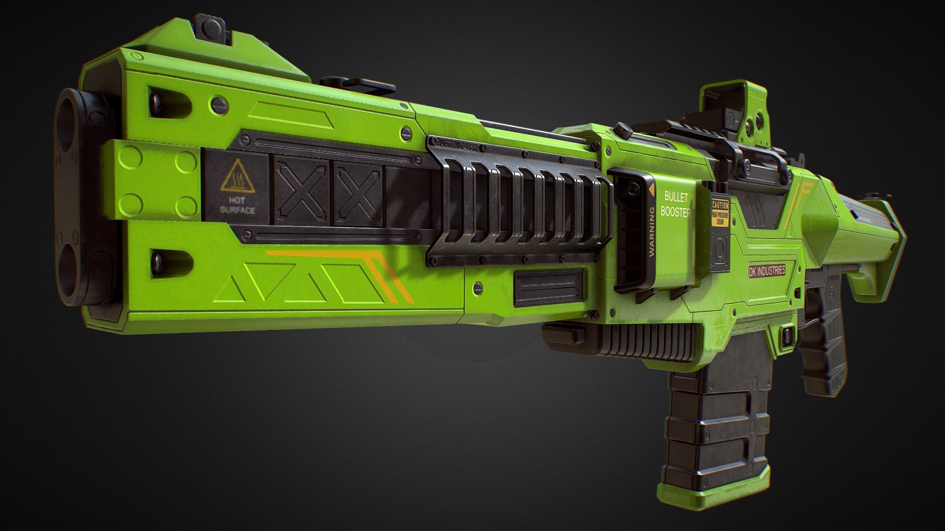 PBR Modular Assault Rifle from Sci-Fi weapon pack 
Unity Assetstore:   PBR SciFi Weapons v2
CG trader:   PBR SciFi Weapons v2
With movable parts and hires textures - PBR Assault Rifle (Green Skin) - 3D model by Dmitrii_Kutsenko (@Dmitrii_Kutcenko) 3d model