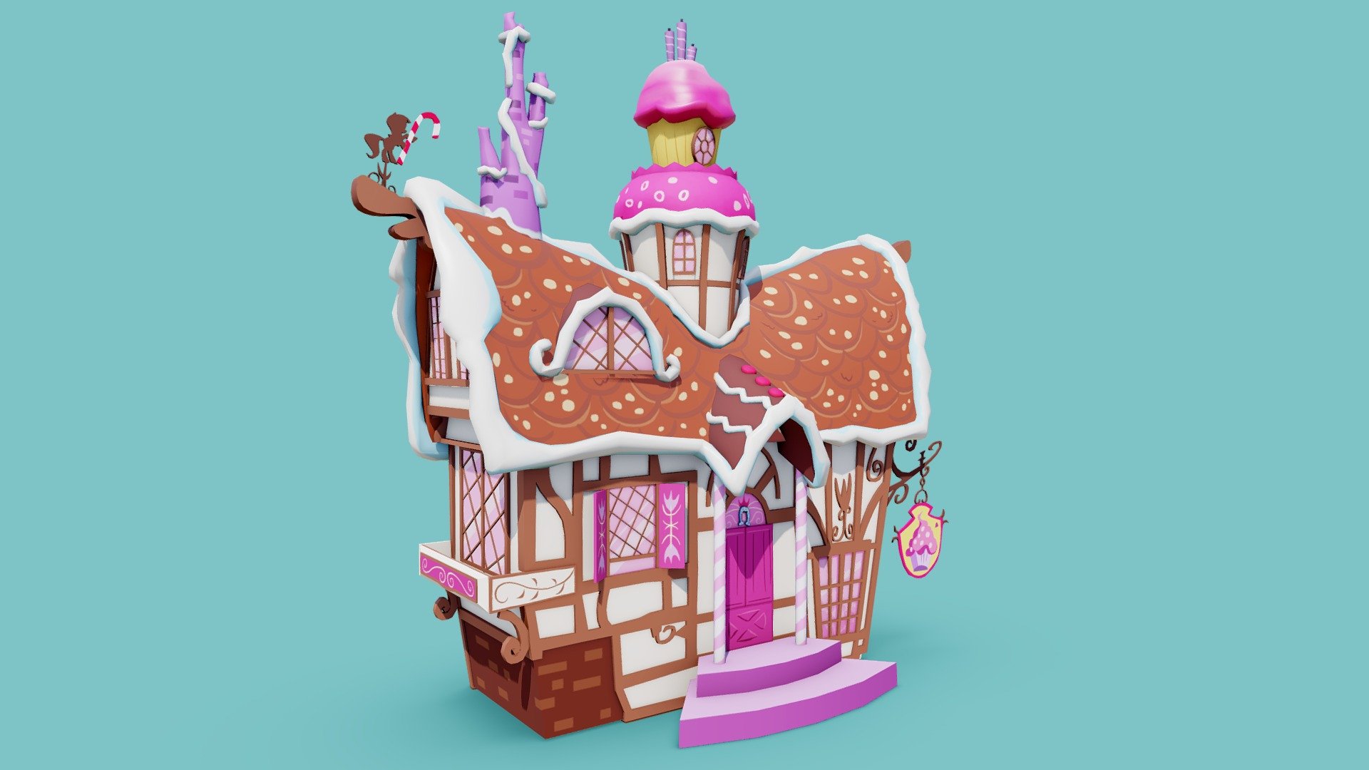 My 3D interpretation of the candy and sweets shop Sugarcube Corner from My Little Pony: Friendship is magic! 

This model was originally made in 2013 and has now been totally overhauled in 2020 with new UVs, better textures, and topology. (Originally my first model uploaded to Sketchfab!)

Model made in Blender, textures in Substance Painter 3d model