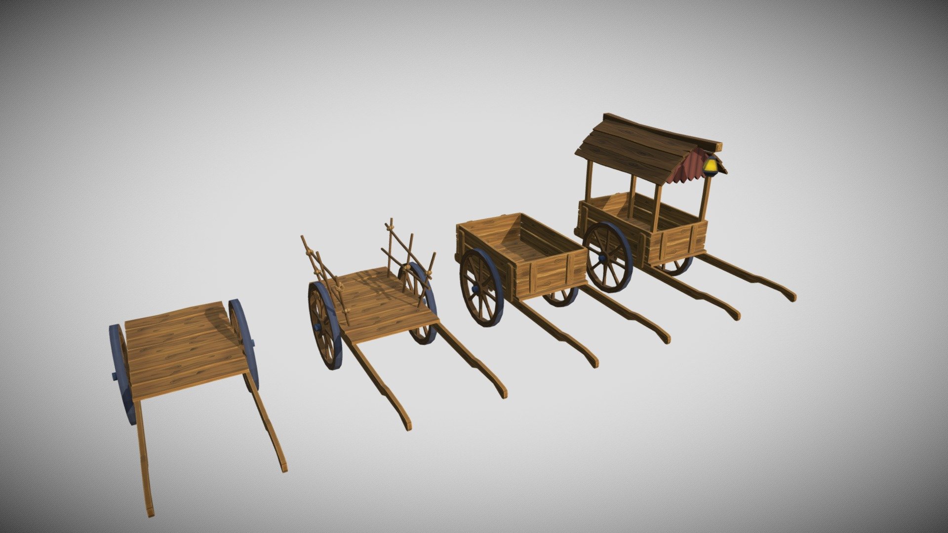 Pack of 4 Carts

Created in blender Hand painted texture with quality: 2048x2048

Content: fbx 3D model with four Carts with handpainted texture. 1 texture and 1 UV map for all models.
Wheels are as separate object for creating easy moving animation 3d model