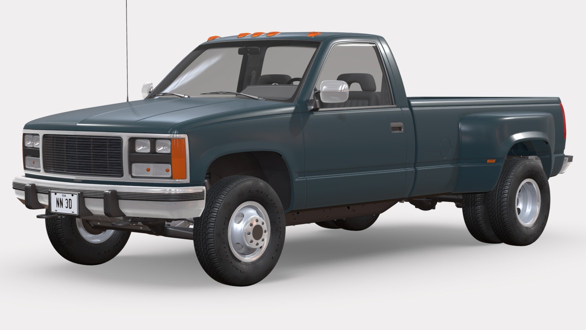 NN 3D store.

3D model of a modern long bed dually pickup truck.

The truck's high detail exterior and interior are great for close up renders and the undercarriage has enough visible parts for close range shots.

The model was created with 3DS Max 2016 using the open subdivision modifier which has been left in the stack to adjust the level of detail.

There are also included HI and LO poly versions in Blender format with textures.

Exchange files included: FBX and OBJ with HI and LO poly versions, 3DS only with LO poly version.

SPECIFICATIONS:

The model has 173.000 polygons with subdivision level at 0 and 193.000 at level 1.

All textures are included and mapped in all files but they will render like the preview images only in 3DSMax and Blender versions with V-Ray and Cycles respectively, the rest of the files might have to be adjusted depending on the software you are using.

Textures are in PNG and JPG format with 4096x4096, 2048x2048 and 1024x1024 resolution 3d model