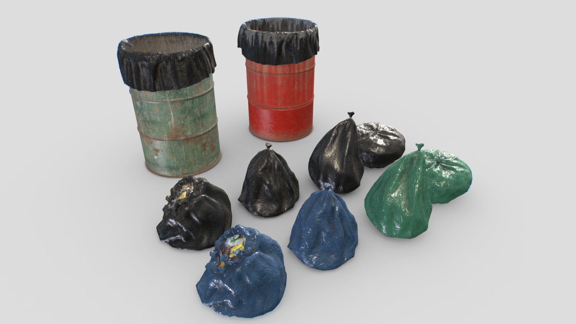 Pack of drum trash cans and bags . Realistic scale. Includes 4 bags and a configurable drum (barrel, trash inside and plastic bag are separate objects).

Each object comes with 2 texture sets (materials) for a total of 14 different objects and 4 materials. Each mesh use 1 material only.

PBR 4096x PBR textures including Albedo, Normal, Metalness, Roughness and AO. Unreal ARM mask texture included (ao, rough, metal). Also unity HDRP mask included.

20k verts and 40k tris in total.

Suitable for garages, landfill, street trash, apocalyptic scenes, etc&hellip; - Drum trash can and trash bags - Buy Royalty Free 3D model by 32cm 3d model
