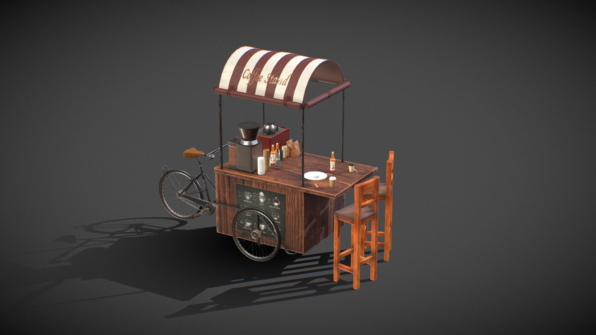 Free Low poly asset perfectly optimized and mapped to represent a higher polygon density. You can use it in VR, smartphone games, or environments where few polygons are needed. Intended for use in graphics engines such as Unity and Unreal Engine, with the current configuration of PBR materials.

*file size is heavy due to 2k textures.


Coffee Tricycle:  7652 triangles.
Coffee Stand:  1868 triangles.
Coffee Machine: 3456 triangles.
Coffee Grinder : 1182 triangles.
Coffee Maker: 739 triangles.
Coffee Props: 2432 triangles.
Chair: 508 triangles.

Developed by Outlier Spa 3d model