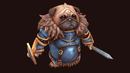 Pug Knight dog, painted, mmo, pug, maya, character, asset, lowpoly, gameart, animal, fantasy, wow, hand, knight, gameready