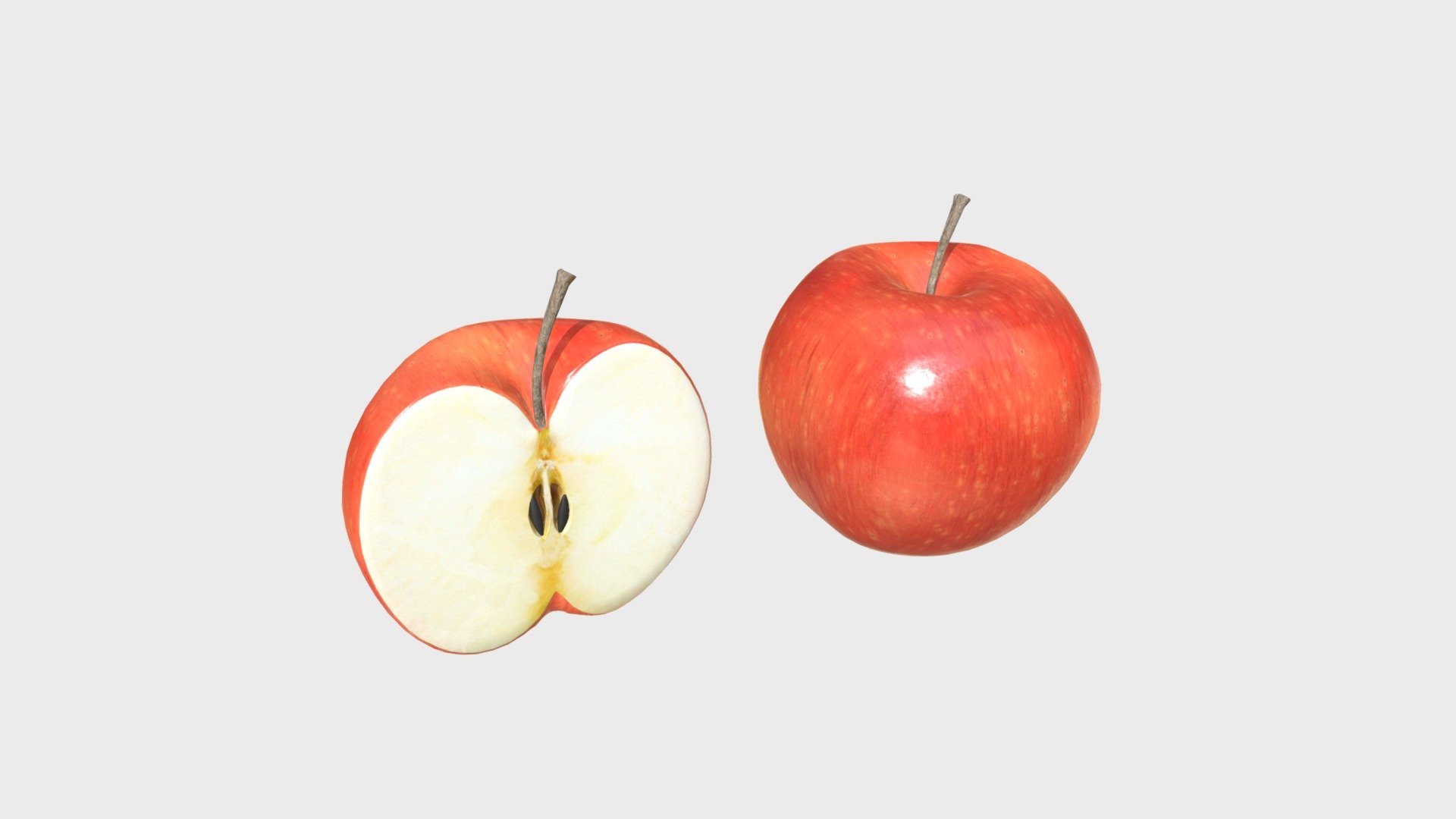 === The following description refers to the additional ZIP package provided with this model ===

Red apples 3D Model. 2 individual objects (whole apple, half apple), sharing the same non overlapping UV Layout map, Material and PBR Textures set. Production-ready 3D Model, with PBR materials, textures, non overlapping UV Layout map provided in the package.

Quads only geometries (no tris/ngons).

Formats included: FBX, OBJ; scenes: BLEND (with Cycles / Eevee PBR Materials and Textures); other: 16-bit PNGs with Alpha.

2 Objects (meshes), 1 PBR Material, UV unwrapped (non overlapping UV Layout map provided in the package); UV-mapped Textures.

UV Layout maps and Image Textures resolutions: 2048x2048; PBR Textures made with Substance Painter.

Polygonal, QUADS ONLY (no tris/ngons); 5040 vertices, 5028 quad faces (10056 tris).

Real world dimensions; scene scale units: cm in Blender 3.3 (that is: Metric with 0.01 scale).

Uniform scale object (scale applied in Blender 3.3) 3d model