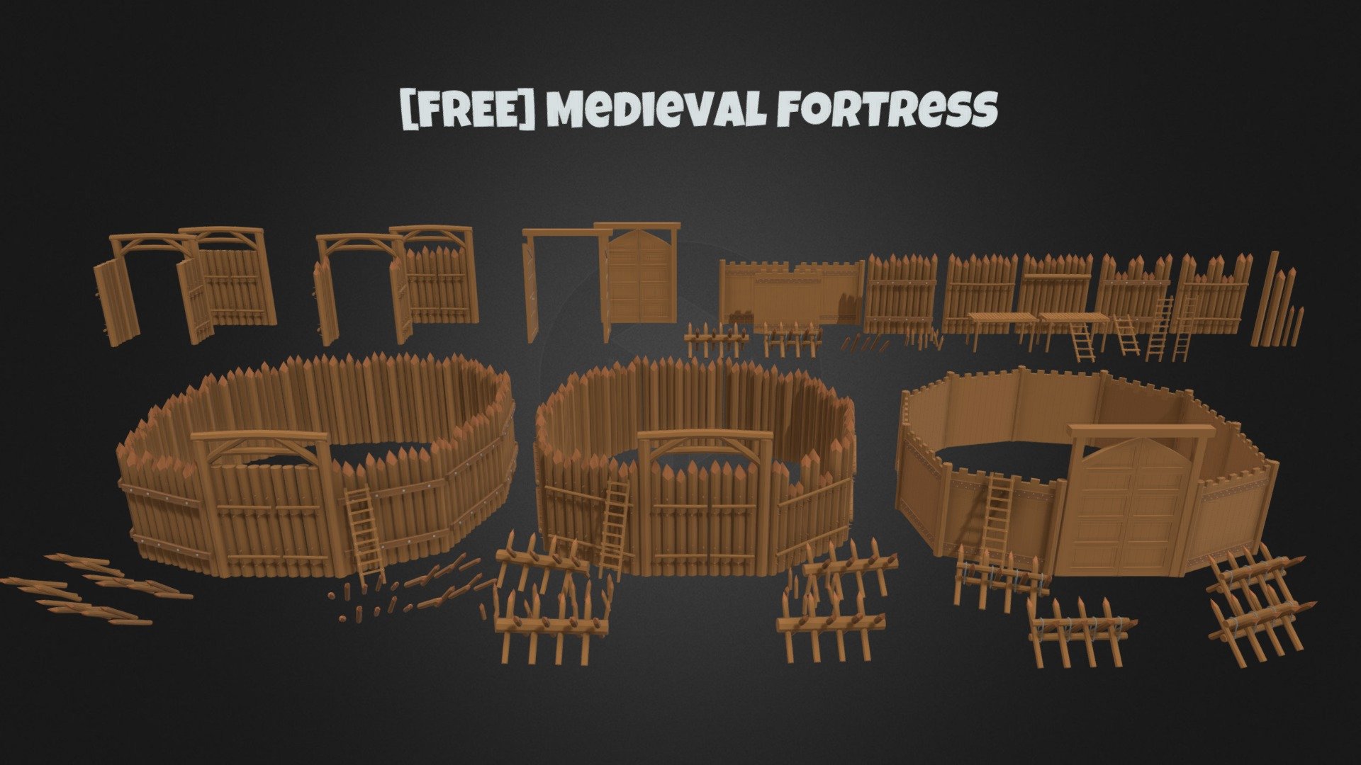 Medieval Fortress for level design or just for learning enjoy!

My Youtube Channel - https://www.youtube.com/@3DArt4Games

SimplePolygon Discord - https://discord.gg/8WSpWnGH4b

[Contents]

Total Models x28, Unique Models x28, x4 defensive spikes, x6 palisade walls, x3 unique gates open/closed, x4 wooden spikes to use for your own, x2 ladders, x1 platform, x1 platform with ladder attatched,   [ enjoy ] !

[Colours]

light wood, medium wood, dark wood, iron

Original Models / Lowpoly Models / Game ready Props

[Licence] Not to resell model, can sell commercially in end project/game

Credit myself, SimplePolygon

If you have any further questions I will be happy to answer 3d model