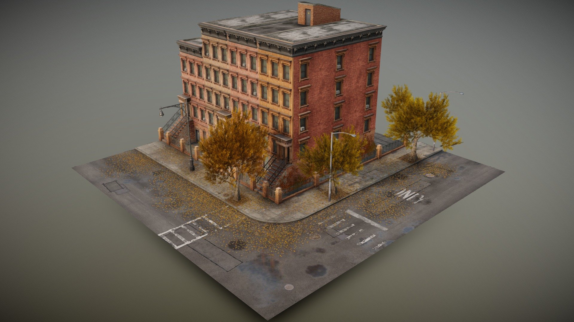 A lovely and detailed Brooklyn street scene in autumn season. It has a street intersection and modular high poly houses with different variants. The scene uses PBR materials and clean topology so you'll have no problem dissecting /adding new features for your personal projects. Enjoy and have a nice day. 😁

Scene Information:




Modelled in Blender 3.3.2

Fully UV unwrapped

All materials are allocated to their objects.

Textures Included:




1k/2k resolution textures

Diffuse

Roughness

Normal (Open GL)

Opacity 

Formats:

.obj 
.blend - Cozy Autumn Brooklyn Neighbourhood Kit - Buy Royalty Free 3D model by 99.Miles 3d model