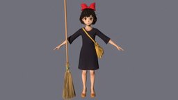 T pose rigged model of Kiki cute, bag, teenage, ghibli, teen, woman, kiki, broom, ribbon, anime-girl, short-hair, girl, witch, female, anime, rigged, kiki-s-delivery-service