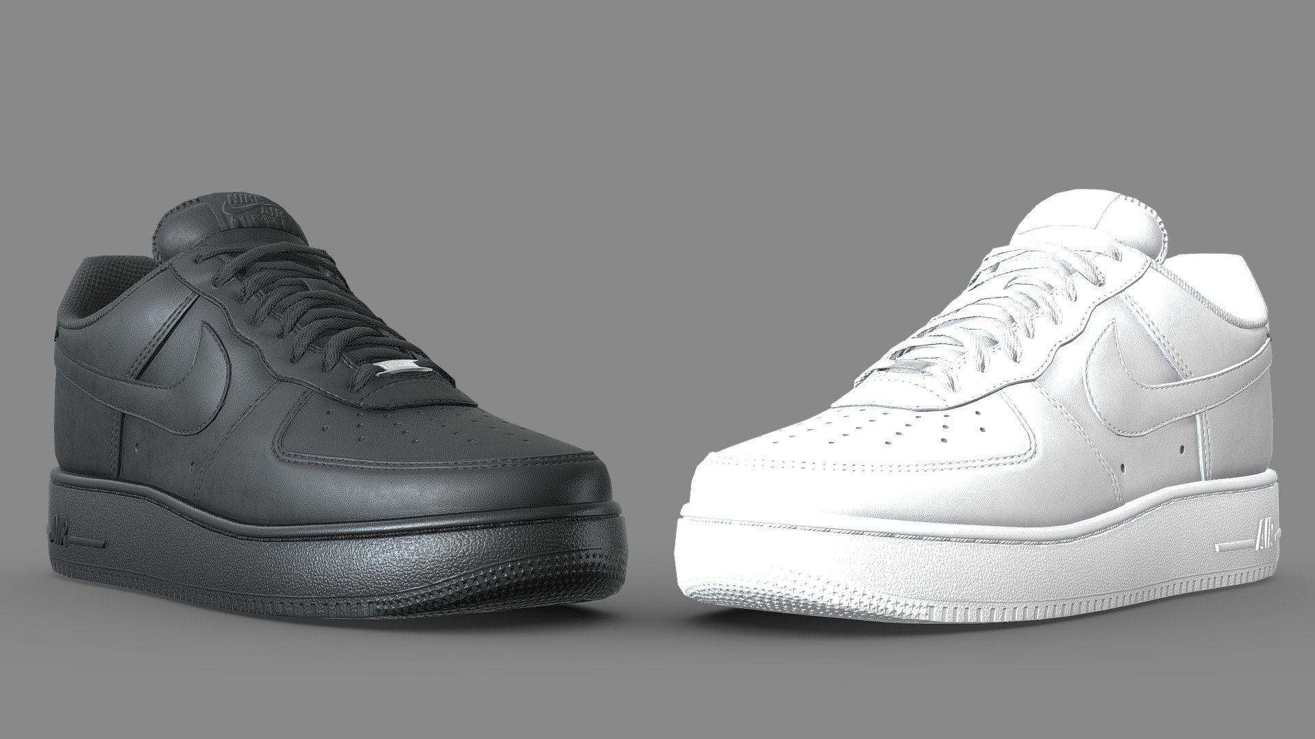 Nike Air Force 1 in both Triple White and Black. The most popular sneaker on the planet, and a staple in many wardrobes. Made with performance in mind, these shoes look best from a far and each pair uses just one texture set.

The shoe has 15,605 polys (31,210 for the pair) and one texture set, comprised of Base Color, Metallic, Roughness, and a Normal map. 

The full detail version of the shoes can be found here:https://skfb.ly/oE7vO  (this optimised version is included with those full detail versions) - Nike Air Force One Optimised - Buy Royalty Free 3D model by Joe-Wall (@joewall) 3d model