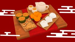 Lunar New Year Tea with Snacks teapot, tea, chinese-new-year, substancepainter, blender3d, lunar-new-year, xiaolong, almond-cookies, nian-gao