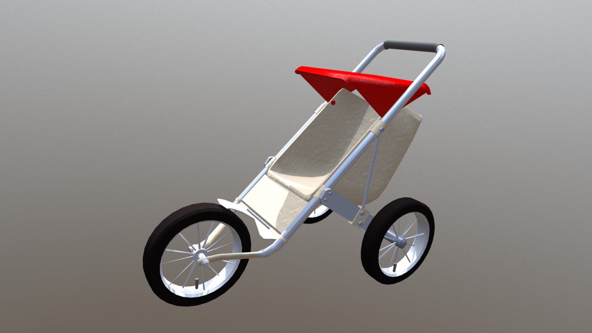 A model of a 3-wheel stroller.
This is a more rugged stroller for when you need to take your baby or toddler off-road. Though keep in mind that in exchange for the sturdiness, this stroller doesn't include a cup holder or extra pouches.


Approx 3,874 polygons.
Made entirely with 3 and 4 point polygons.
Includes group information, which your software should interpret as separate parts, which includes: 1 front wheel, 2 rear wheels, Hood.
Although the model includes these parts, this version of the model is not rigged.
Includes logically named materials, such as Tires, Plastic, Metal, and Fabric. This makes it very easy to recolor the model.
The model has basic UV mapping and a &ldquo;fabric