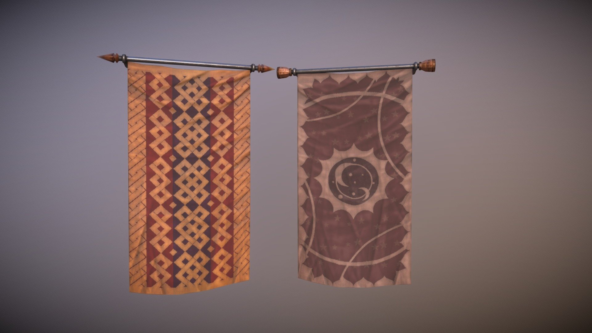 Tapestries for Skyblivion, here is the two meshes containing same cloth, but different rods. In total there are over 50 different patterns in the game. The patterns where created in Affinity Designer, and using tililng patterns and the Tile Sampler node I managed to create the effect of it being a cloth material 3d model
