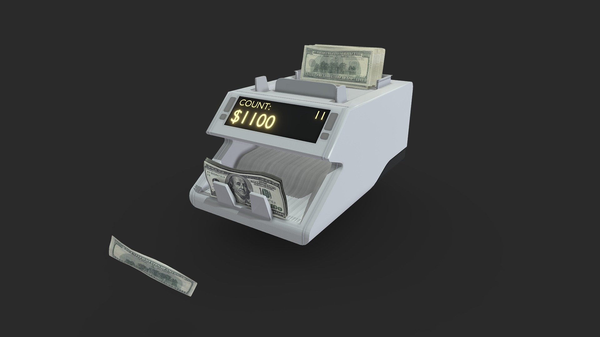 Highpoly Money Counter with Animated Money flow and money counter using Geonodes.
Easy to use! 

Video preview : https://twitter.com/unreal_designer/status/1540281353446359043?s=20&amp;t=3zrriPuIU9uerd1suayUCw

NOTE : Sketchfab does not support nodes, so you will not see the money flow or the counter moving but it is packed in the .blend

PBR ready. Feel free to reuse the geometry node groups for other applications 3d model