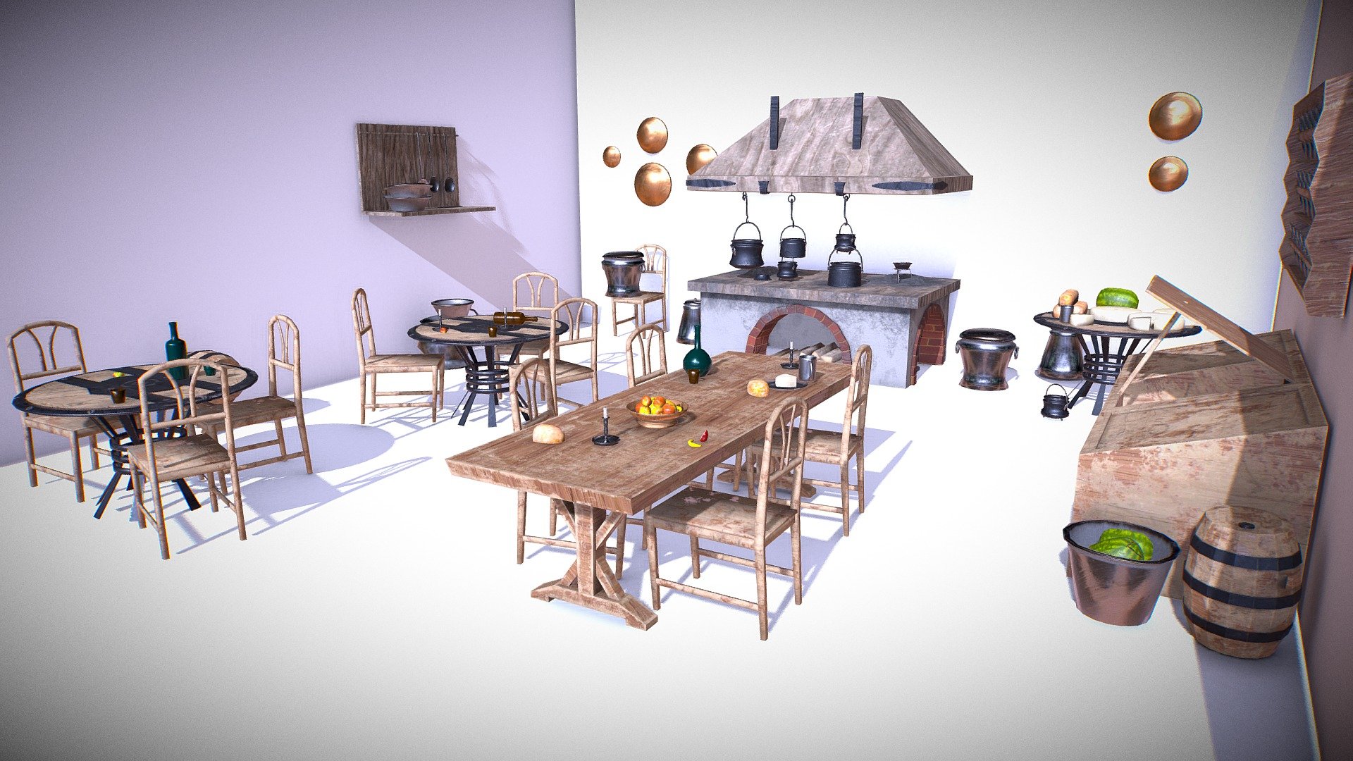 Download this perfect kitchen setting for medieval environments that was handcrafted with love by Insya. 
This is a highly detailed medieval kitchen and props asset pack that contains tens of assets. 
Contains tables ( rectangular and circular), wood fired stove with ventilation hood, wooden rack for stemware, steel pots and pans, barrels, brassware adorned on the wall. 
Also has smaller props like: candles, fruits, eaten fruit, watermelon, cheese, bottles, water cups, and many more.
 This download is bundled with textures suitable for:
Blender. Can also be imported to: 
Unreal Engine, Unity 5, Amazon Lumberyard, Arnold5, Corona, Cry Engine, Red Shift, VRay, Keyshot







 - Medieval Kitchen Low Poly AR VR Asset Pack - Buy Royalty Free 3D model by insya 3d model
