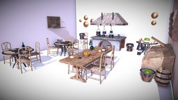 Medieval Kitchen Low Poly AR VR Asset Pack fireplace, food, pots, rack, medieval, chairs, antique, silver, table, stove, brass, fruits, props, kitchen, cooking, dining, silverware, unrealengine, pans, props-assets, dining-table, medievalfantasyscene, medievalfantasyassets, food-and-drink, medieval-kitchen, potware, unity, unity3d, fantasy