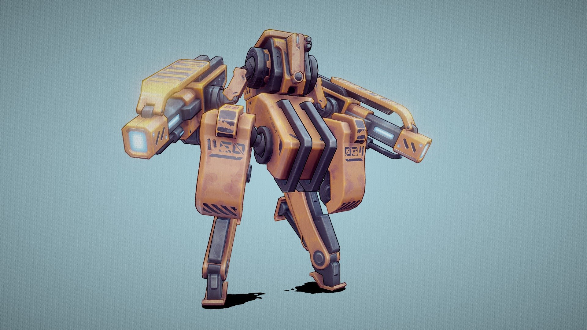 Stylized handpainted pbr mech.

1 texture for body and 1 texture for weapon

Weapons can be changed so they have different texture.

Textures have more light information then they should for pbr but on mobile this way we can turn off normal and roughness so shaders will be less demanding even on lower-end mobile phones.

Mech is intended to be used in upcoming mobile game, still in very early development stage.

Update: Changed &ldquo;head