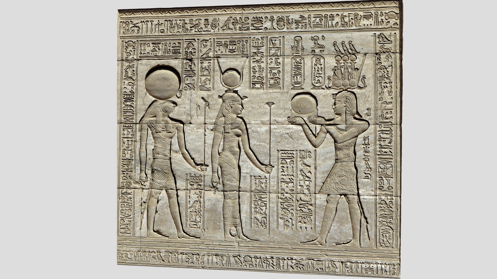 Egypt. Dendera. Temple complex. Roman Birth House of Mammisi. The Roman Emperor Trajan, depicted as a pharaoh and wearing a triple Atef crown, offers an image of the Rising Sun to the goddess Hathor and her husband Horus.Fifth intercolumnar wall. South outer face. Relief 3d model