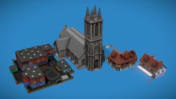 Low Poly Buildings school, cafe, pub, buildings, material, church, materialid