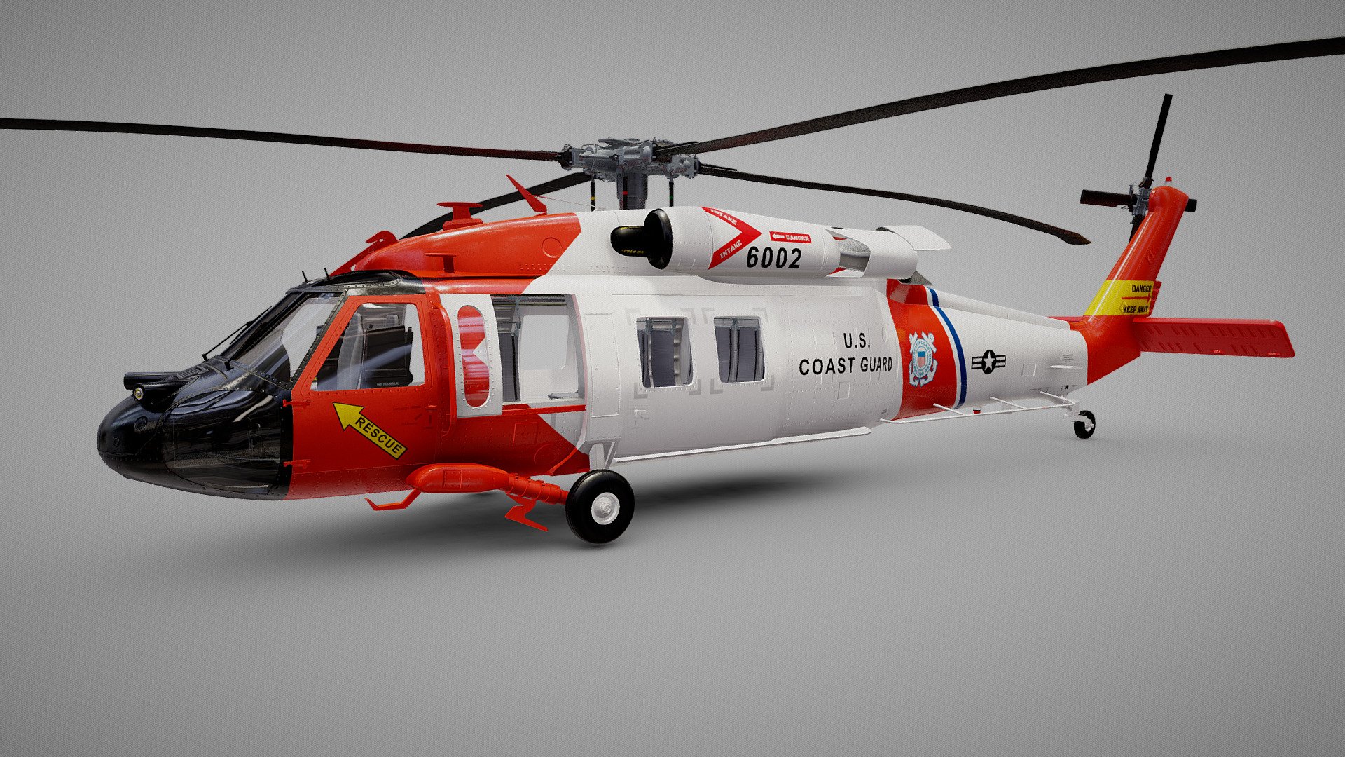 The US Coast Guard actually uses HH-60J / MH-60T Jayhawk helicopter, this is the UH-60 Blackhawk in Coast Guard paint job 


Detailed cockpit instruments 
Baked textures
8k textures for main body
4k textures for everyting else

This model also Includes the following textures skins


U.S Customs and Border Protection
Hambulance
U.S Coast Guard
U.S Navy
Colombian Police
L.A County Fire
US Army
 - Sikorsky UH-60 US Coast Guard - Buy Royalty Free 3D model by luisbcompany 3d model