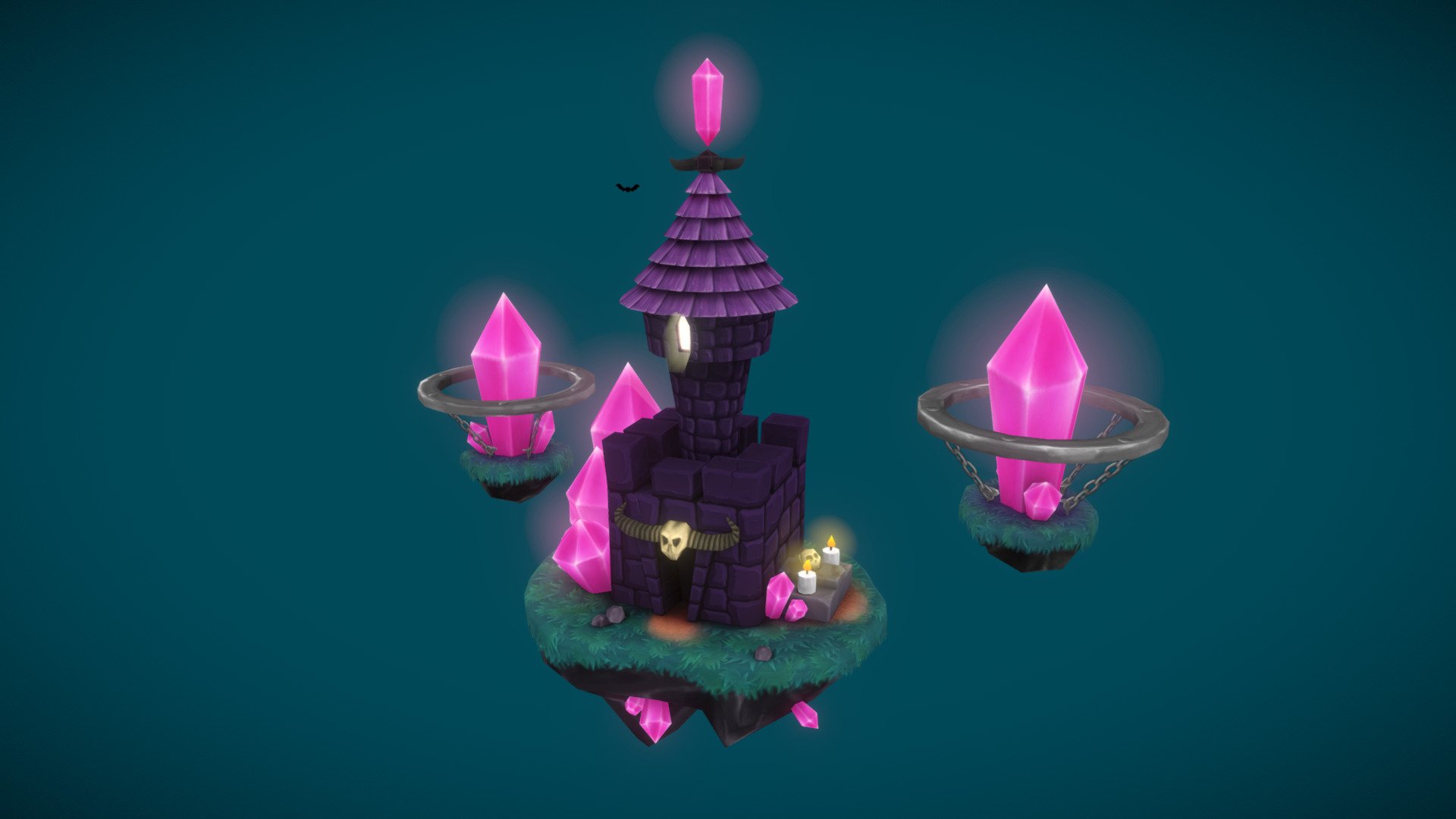 A crystal-powered floating castle. There be demons inside. Pink demons.
I was aiming for a Warcraft look (as in Frozen Throne, not necessarily WoW) with limited resolution hand painted textures.

Glow FX were originally done as billboard planes, flickering was achieved by randomly rescaling them; the little bat and moving candle flames were animated by shifting UV - as these techniques are currently unavailable on Sketchfab I edited them out and left a static model with no billboard tracking. As a countermeasure, to make it look better when rotated, I added a tiny tad of postprocessed bloom 3d model