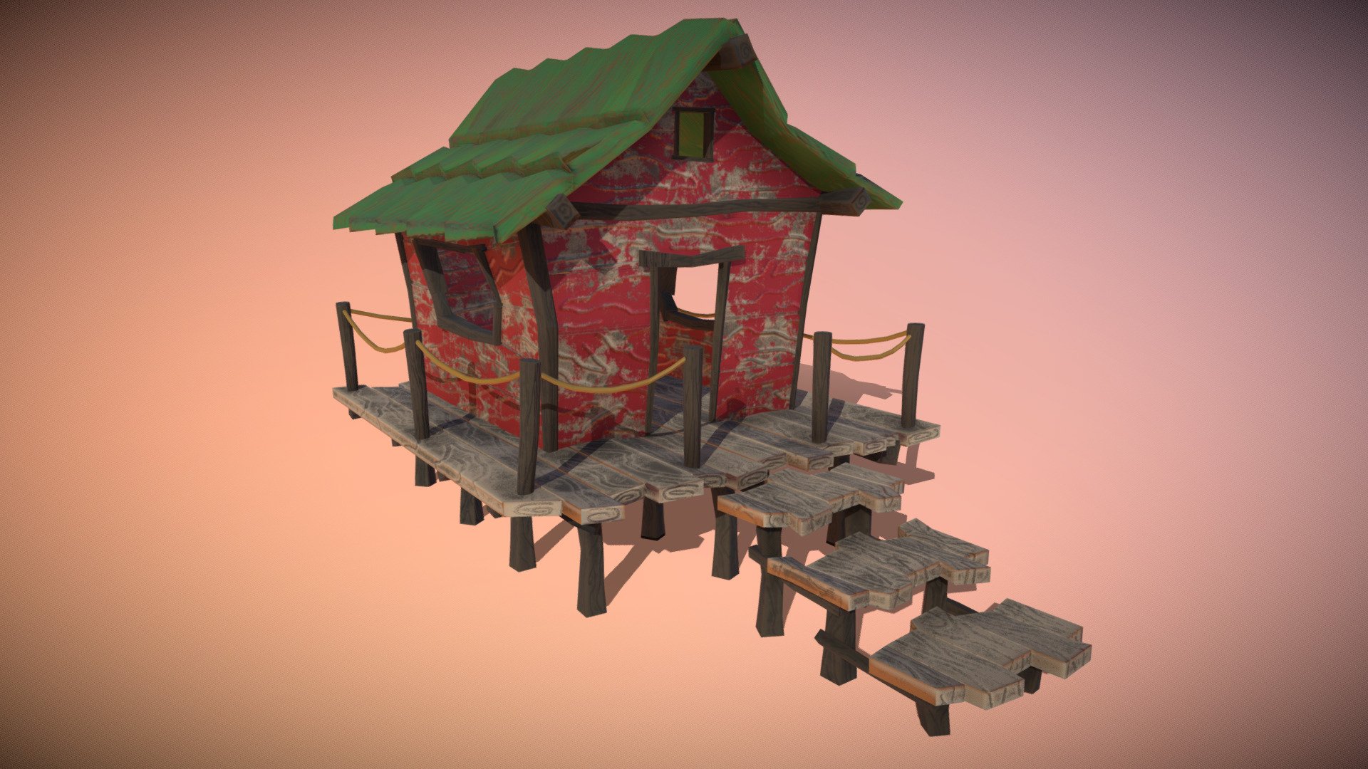 I decided to try a go at a stylized model so I created a simple beach hut. After showing it to a few friends, I've been told it resembles Donkey Kongs Cabin from Super Smash Bros. This is purely coincidental! - Beach Hut - 3D model by Bart Weber Design (@Bart_Weber_Design) 3d model
