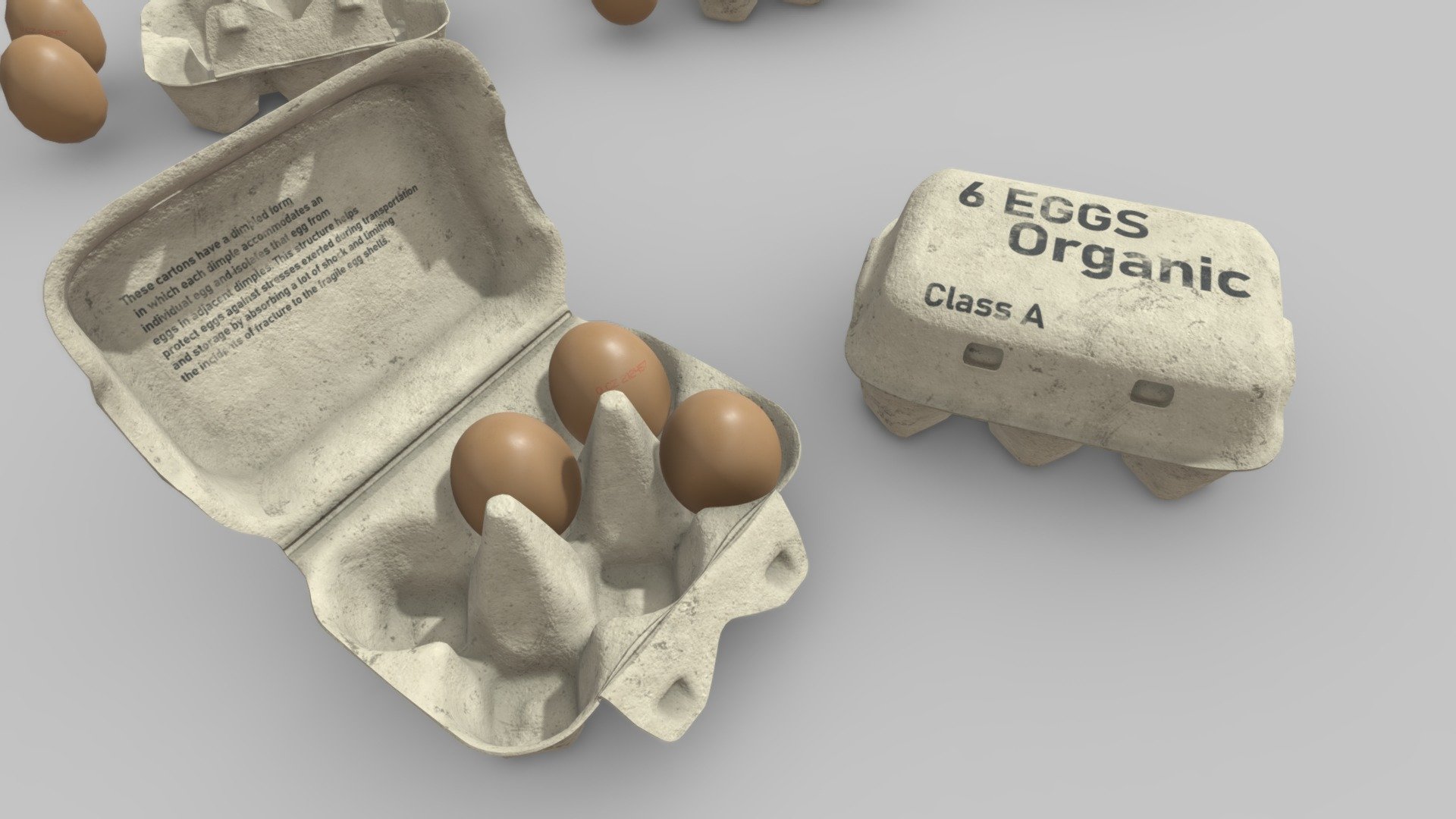 Egg carton for 6 eggs.
Real world scale and PBR materials.

Low and high poly version. Closed and opened cartons. 
Two different eggs (different code placement) for variation.

High poly: 
Has a 4K carton texture and a 2K egg texture.
Carton has 12 789 verticies and 25 600 tris.
Egg has 1 538 verticies and 3 072 tris.

Low poly: 
Has a 2K carton texture and 1K egg texture.
Carton has 3 200 verticies and 6 404 tris.
Egg has 98 verticies and 192 tris 3d model