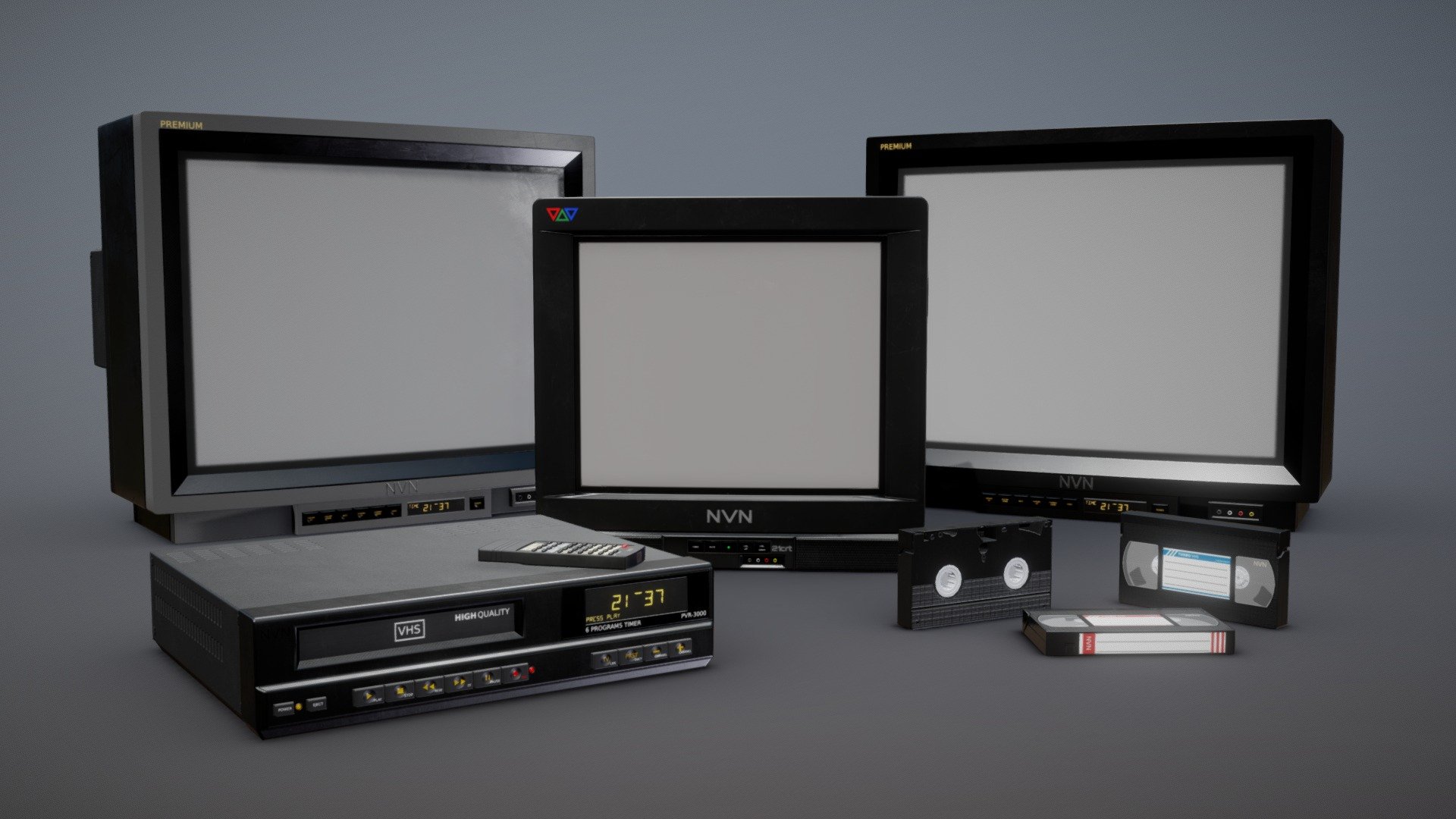 A collection of game-ready 90s TV Props

Models included:

1. Vintage CRT TV 21