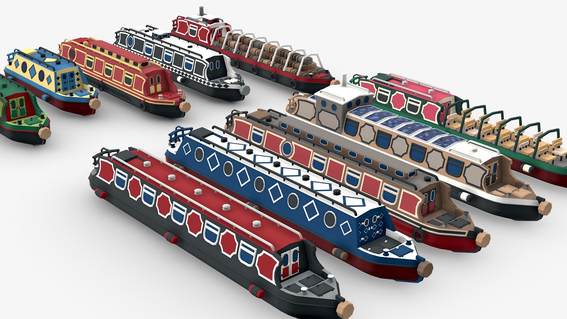 Narrowboats models in low poly style.
Ten different types of boats
The model is in the center of coordinates 3d model