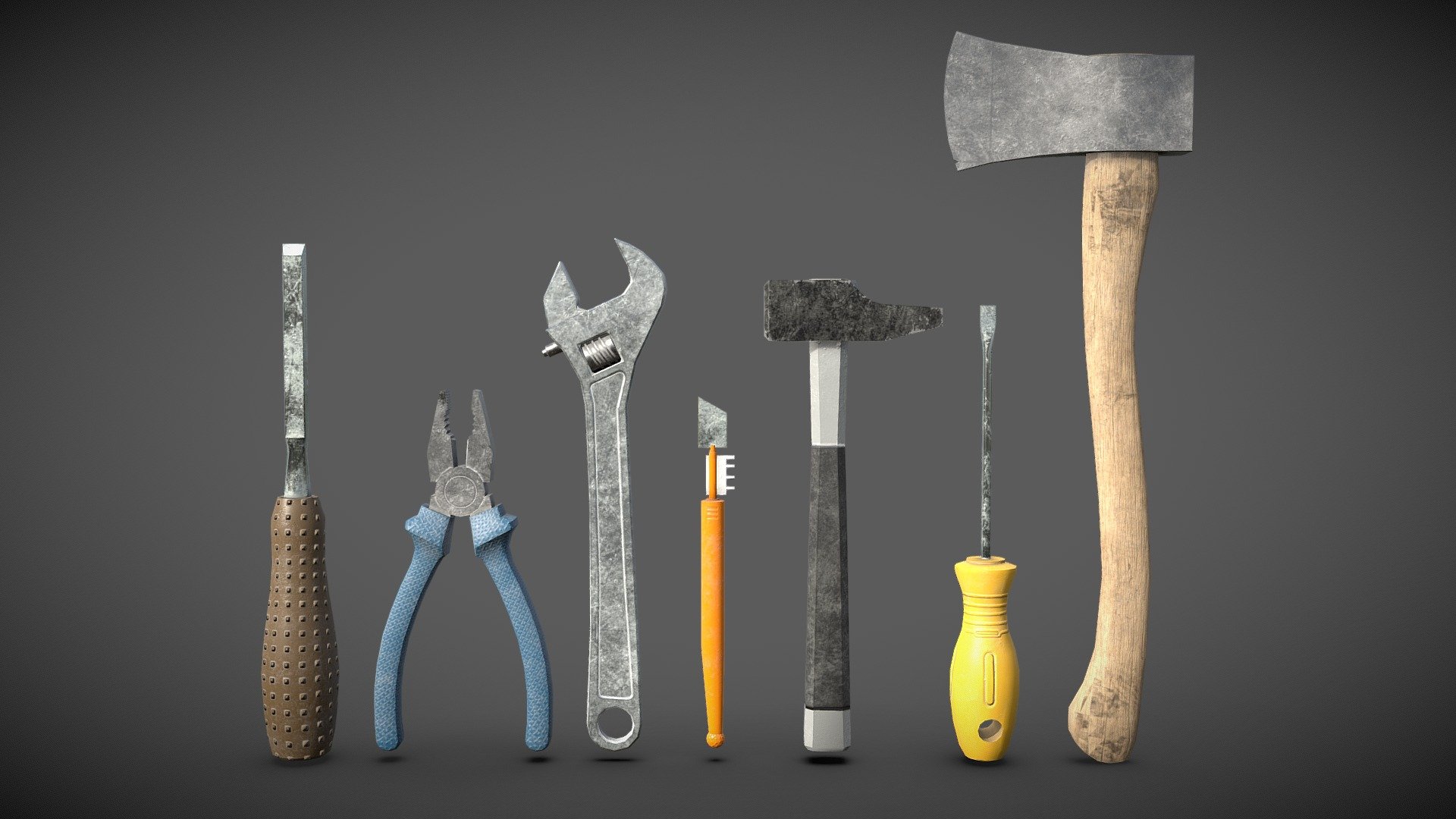 Basic tools, low poly gameready assets with 2K  PBR textures, ready to be implemeted in your game/scene.
Contain seven tools 3d model