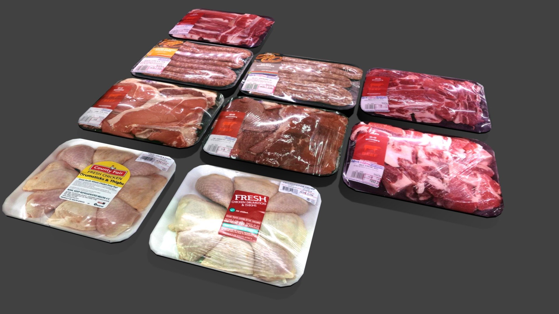 This is a pack for shop or store cold fridge meat section including the following components:

Chops
Steak
Meat strip
Chicken drumstick
Sausage / wors
Scale: Real world, Metric

File formats:

Blender 2.79 / Cycles - Native
Max 2015 Scanline
FBX - Export from Max, Tested in Blender

UVW Texture coordinates: UVW Unwrapped

Pivots: At opbject bases - Cold Area Meat Section kit for shop or store - Buy Royalty Free 3D model by 3D Content Online (@hknoblauch) 3d model