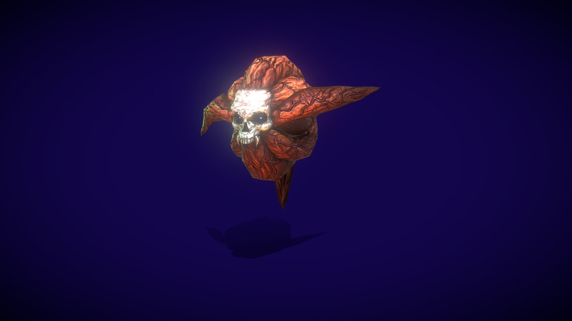 A floating orb of flesh with a skull, and with powerful magical abilities.

It consists of one geometry of 1667 triangles and a material with albedo, metallic and bump channels. Each channel has a resolution of 2048 pixels.
It is rigged and animated with 13 animations which are: attack, battle run, battle stand, damaged, death end, death start, down end, down start, emersion, getup, neutral stand, neutral walk, skill. The rig type is Generic 3d model
