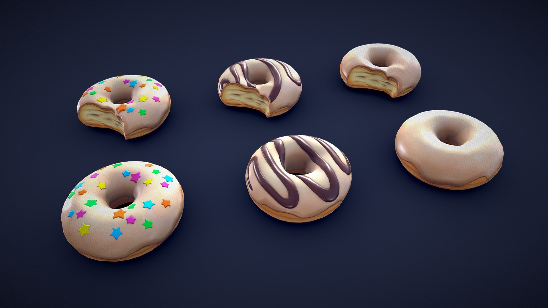 This pack contains 6 different stylized donuts. Whether you need a simple plain donut, a donut with a bite taken, or a glazed one with sprinkles, this pack has it all.🍩


These assets are also includes the following asset pack:



Stylized Donut Collection - Low Poly

Model information:




Optimized low-poly assets for real-time usage.

2K and 4K pbr textures for the assets are included.

Optimized and clean UV mapping.

Compatible with Unreal Engine, Unity and similar engines.

All assets are included in a separate file as well.
 - Stylized White Donuts - Low Poly - Buy Royalty Free 3D model by Lars Korden (@Lark.Art) 3d model