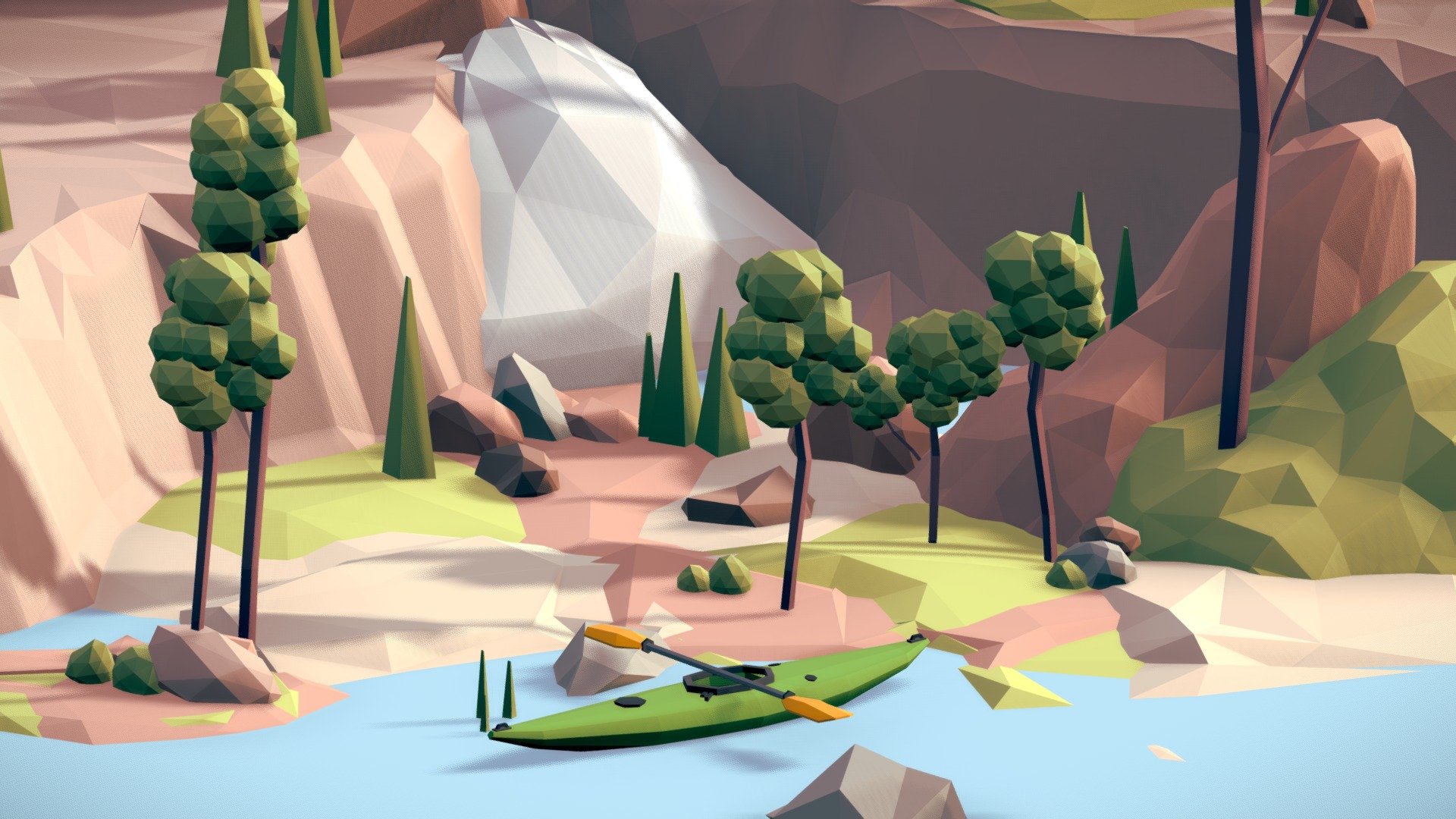 A low poly kayak placed in a nature landscape.  Trees, rivers, rocks, hills, and more objects found in this scene!    Buy the low poly kayak asset here! - Low Poly Kayak Nature Scene - 3D model by Alex Safayan (@alexsafayan) 3d model