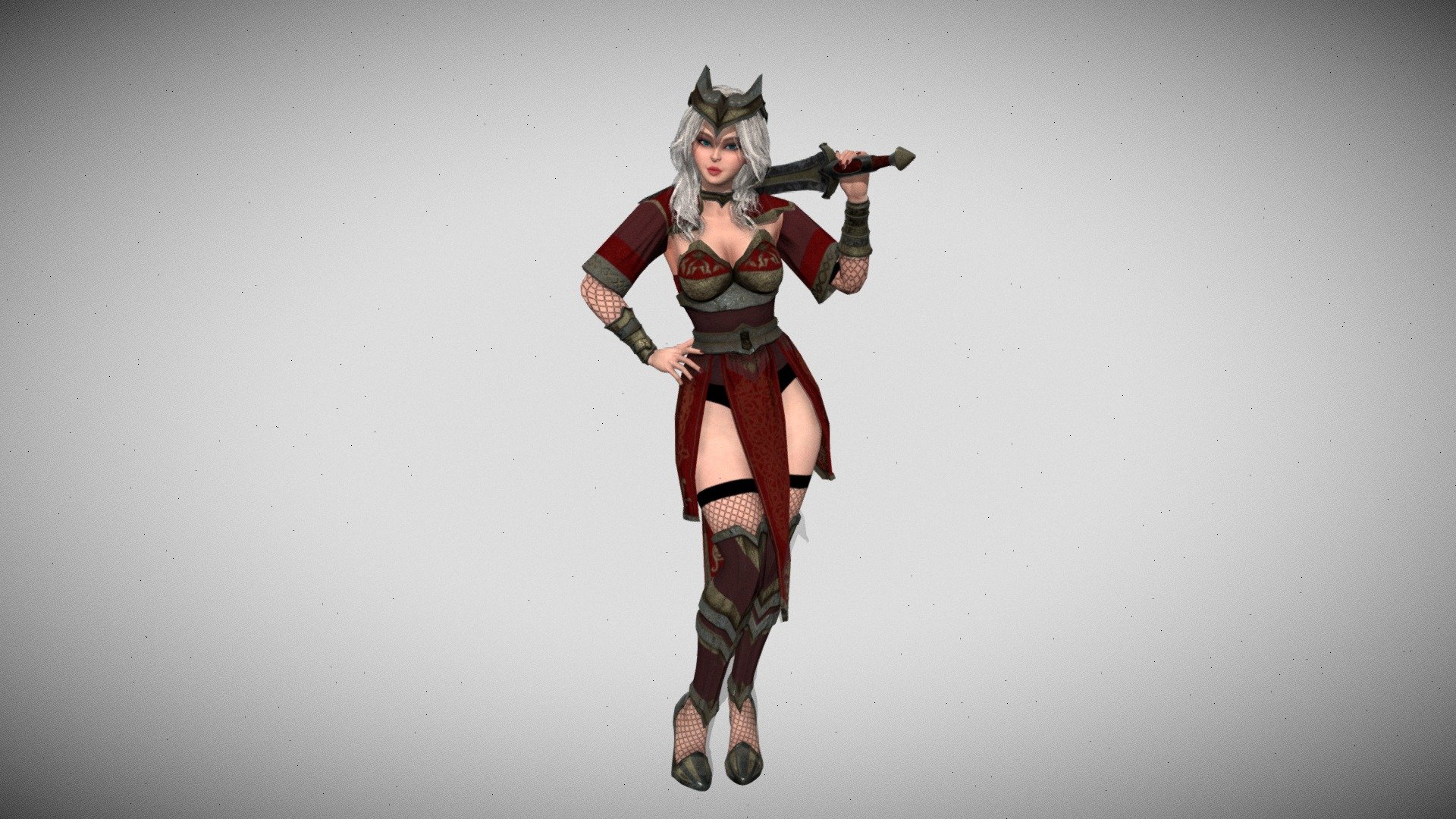 Full model here - https://www.artstation.com/marketplace/p/xmXea/red-knight-lady

Model has 2 body shapes - without clothes(cencored version in engines) with clothes (both are rigged and with blendshapes)

faces - 15527, tris - 29897, verts - 17623

Rigged with Epic SkeletonHumanoid rig. Easy animations retarget!

Has Morph Targets, Blendshapes, AppleARKit Face Blendshapes(can be used for face mocap (live stream))

4K Textures - normal, metallic, roughness, albedo, opacity, emissive(PBR Textures Metal/Roughness). Has many haireyesclothodyface colors. 

Texture sets - Body, Face, Cloth, Eyes, Cornea, Hair, Weapon

Model has different texture colors.

My ArtStation - https://www.artstation.com/elsianne - Red Knight Lady - 3D model by MoonCat (@di-luna) 3d model
