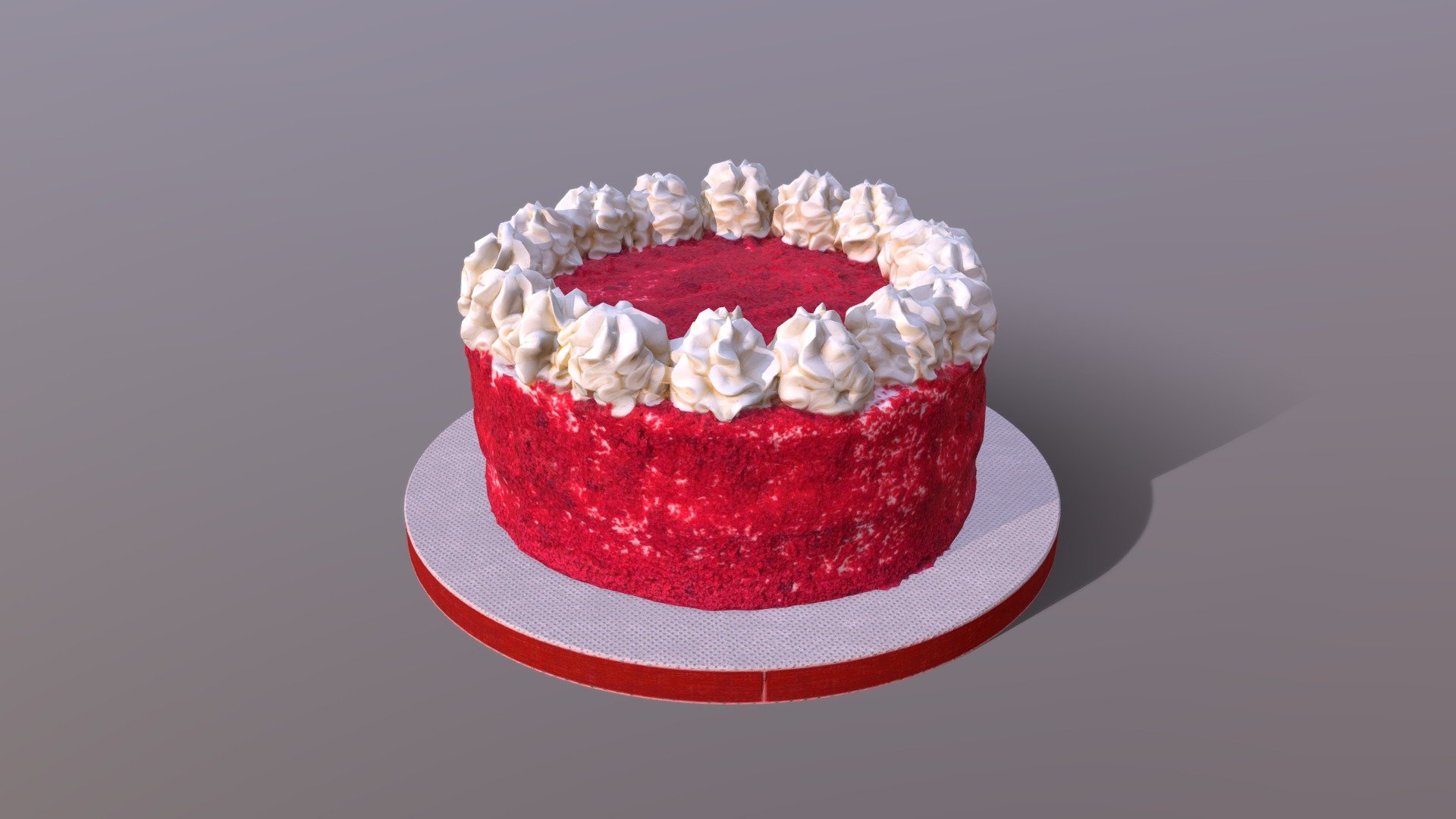 This premium Red Velvet Cake model was created using photogrammetry which is made by CAKESBURG Premium Cake Shop in the UK. You can purchase real cake from this link: https://cakesburg.co.uk/products/red-velvet-buttercream-cake?_pos=2&amp;_sid=a9ff9af21&amp;_ss=r

Textures 4096*4096px PBR photoscan-based materials Base Color, Normal, Roughness, Specular)Published by 3ds Max

Click here for the the cut &amp; slice version.

Click here for a slice of cake model 3d model