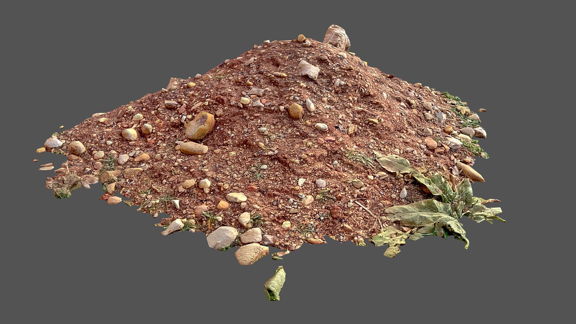 Low-poly photogrammetry scan of a small pile of soil earth rubble with vegetation details for use as background asset.

Correct white balance on the source photos.

Created using RealityCapture + Blender.

Triangles: 11660

Texture resolution (Diffuse &amp; Normal): 4096x4096 - Photoscan Low-poly Earth Rubble soil pile - Buy Royalty Free 3D model by Martin Topolski (@martin.topolski) 3d model