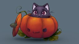 Not spooky at all cat, lowpoly, gameart, stylized, halloween, pumpkin