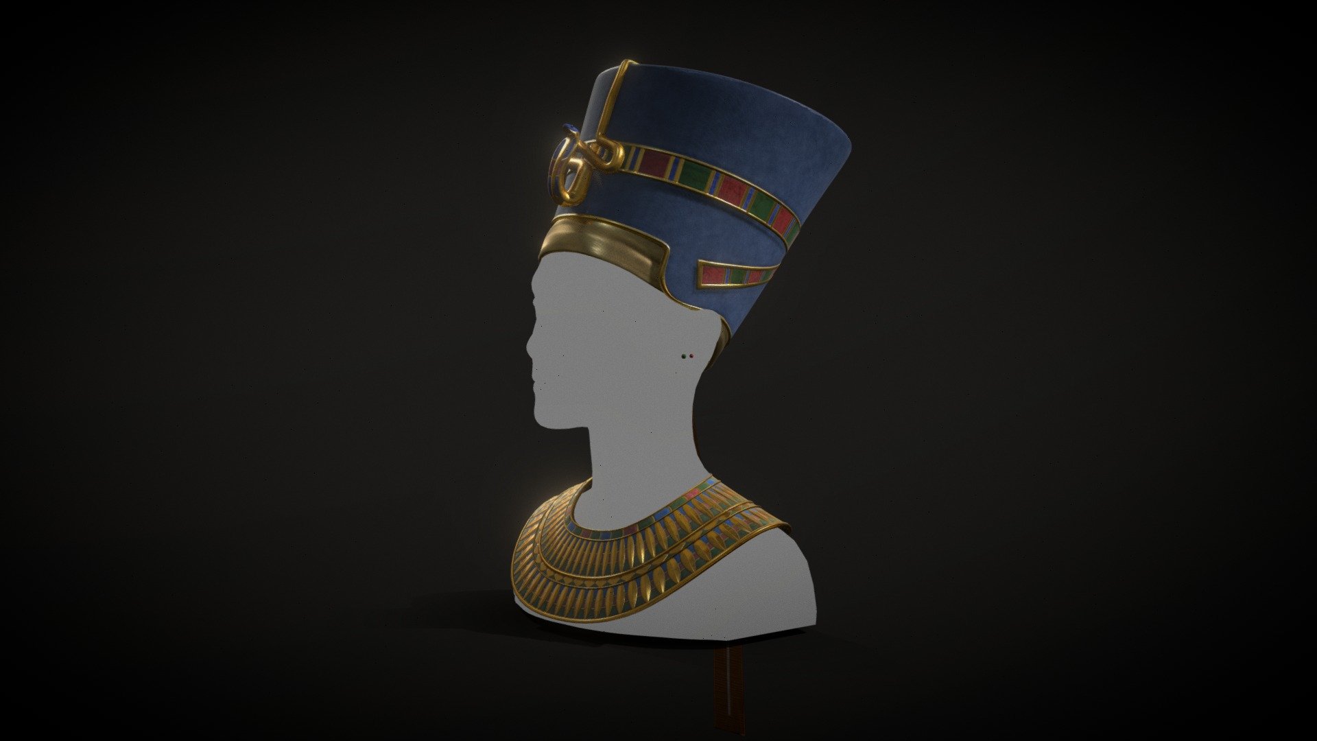 Recreation of the crown and jewelry worn by Nefertiti, the wife of pharaoh Akhenaten. Based upon the 3d scan of the famous bust that depicts her.

As I am a huge fan of cultural heritage and ancient relics, I decided to create a full body visualisation of Neferteti with Metahuman and Unreal 5. While working on that, it came to my mind remake the well known bust with focus on the clothing, since the bodymesh wasn't created by me. But I created all the accessoires and clothes, using Cinema 4D, Blender, Zbrush and Substance Painter.

I'll paste a link to the full project when it's finished. But in the meantime: Enjoy 3d model