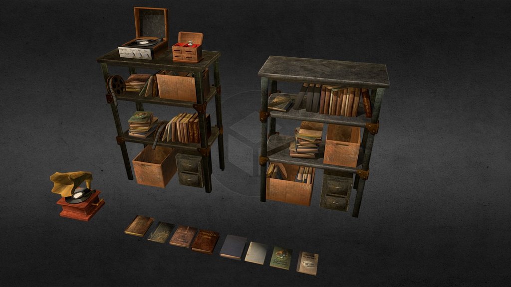 Old, worn metal bookshelf originally made for Wasteland 2 Crowdsourcing Project 3d model