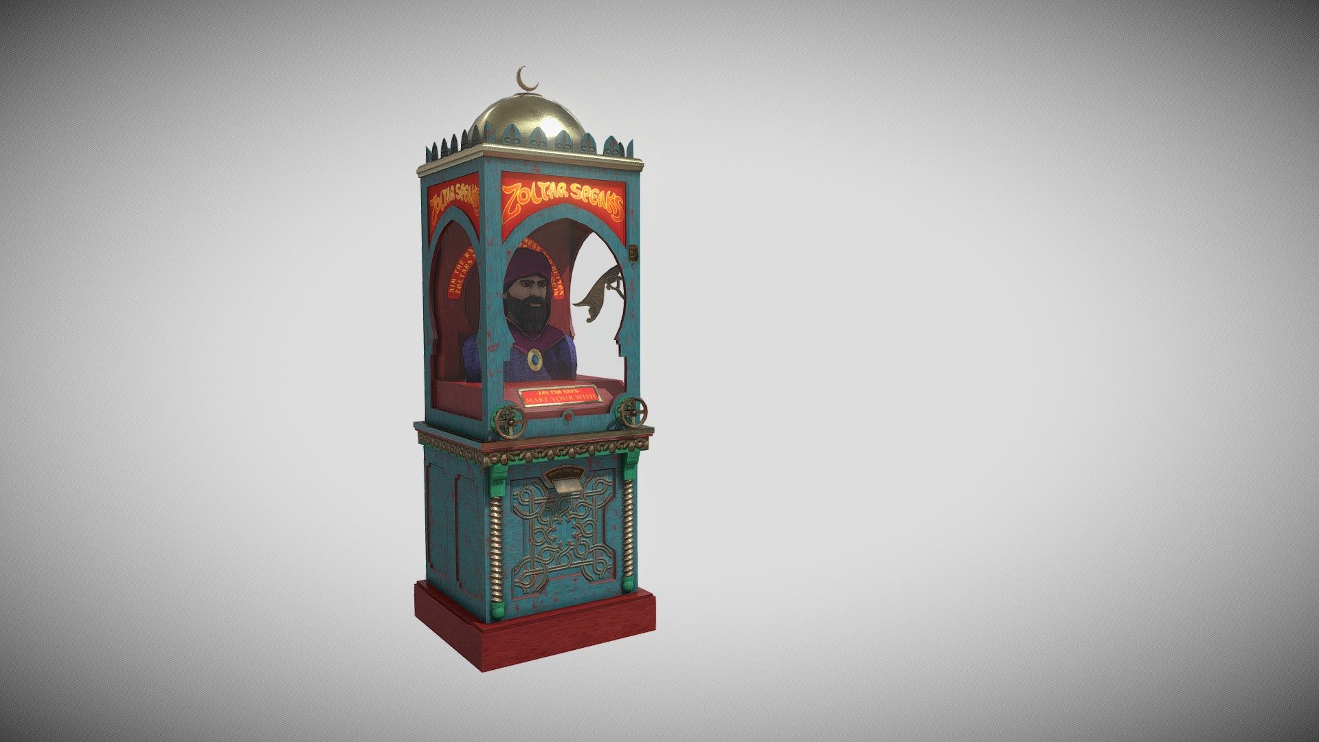 Zoltar speaks machine, inspired by the film BIG.
The actual Zoltan and some of the details differ slightly from the original 3d model