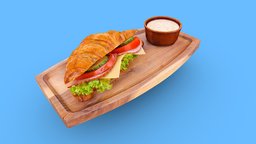 Classic Croissant with ham, tomato, cheese food, plate, restaurant, microwave, bread, kitchen, tomato, cucumber, foods, croissant, salad, selling, tomatoes, foodscan, food3dmodel, ingredient, sousage, realitycapture, photogrammetry, home, wood, realityscan