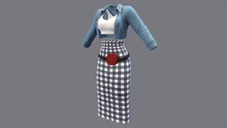 Female Gingham Skirt Denim Jacket Casual Outfit pencil, white, fashion, retro, knee, girls, jacket, top, clothes, skirt, summer, dress, realistic, real, casual, belt, womens, outfit, wear, utility, checkered, crop, denim, chic, gingham, below, character, pbr, low, poly, female, blue, bralette