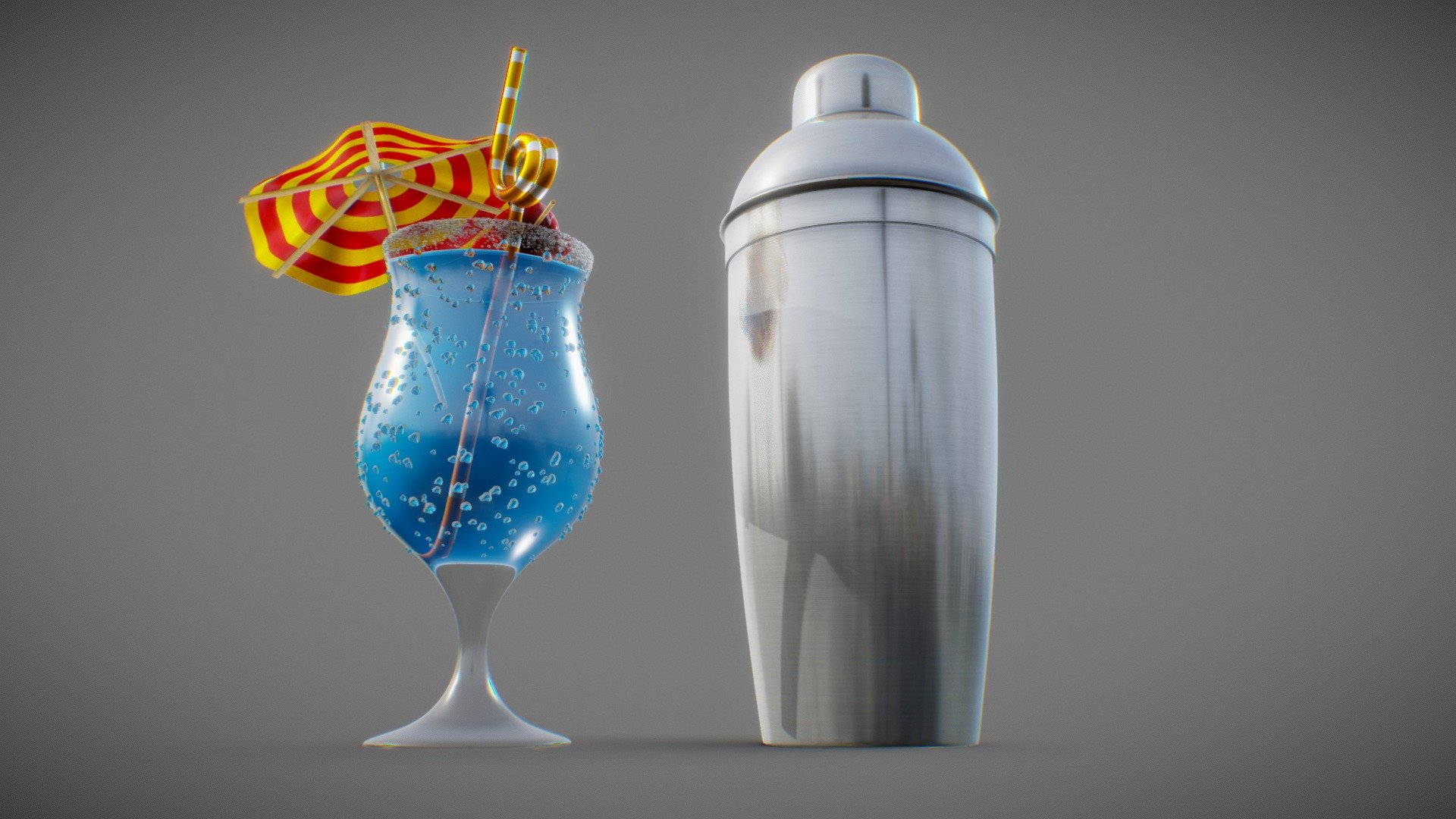HiPoly model.
Tropical drink with shaker. Glass is covered with drops of water and a rim of sugar particles on top. 
Inside there are ice cubes, straw. umbrella and sweet cherries - HiPoly: Tropical drink with shaker - Buy Royalty Free 3D model by MarcinGArt (@marcin.gk) 3d model